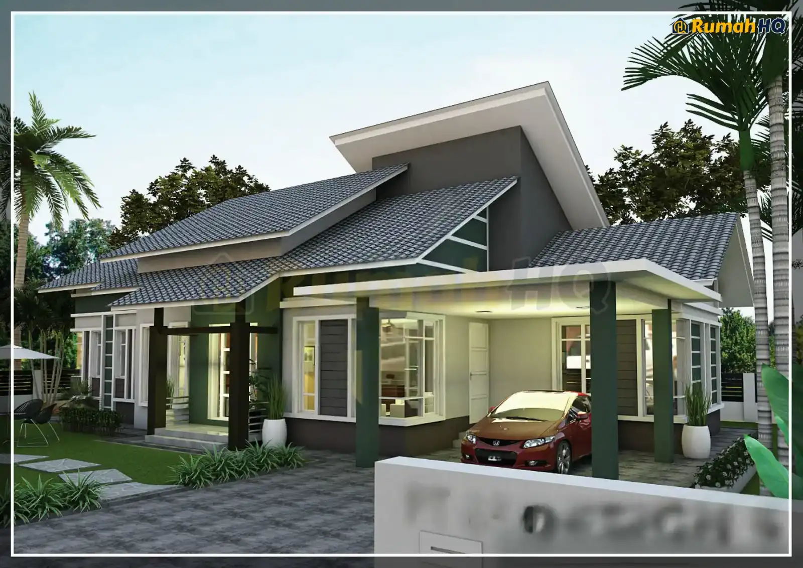 Design rumah RHQ-A4-02, pandangan 3D bahagian depan — Banglo 1 Tingkat · 4 Bilik · 3 Bilik Air