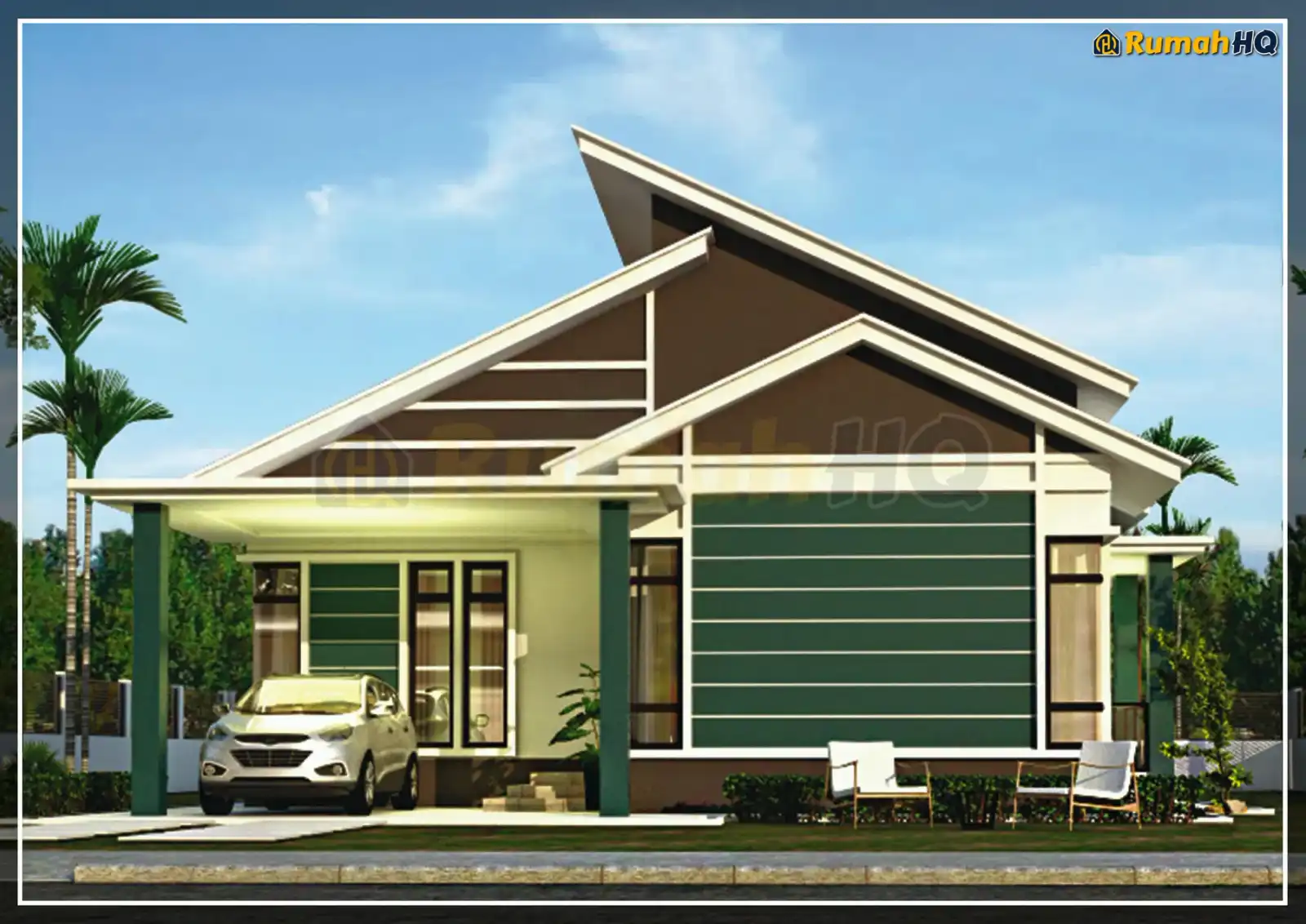 Design rumah RHQ-A4-03, pandangan 3D bahagian depan — Banglo 1 Tingkat · 4 Bilik · 3 Bilik Air