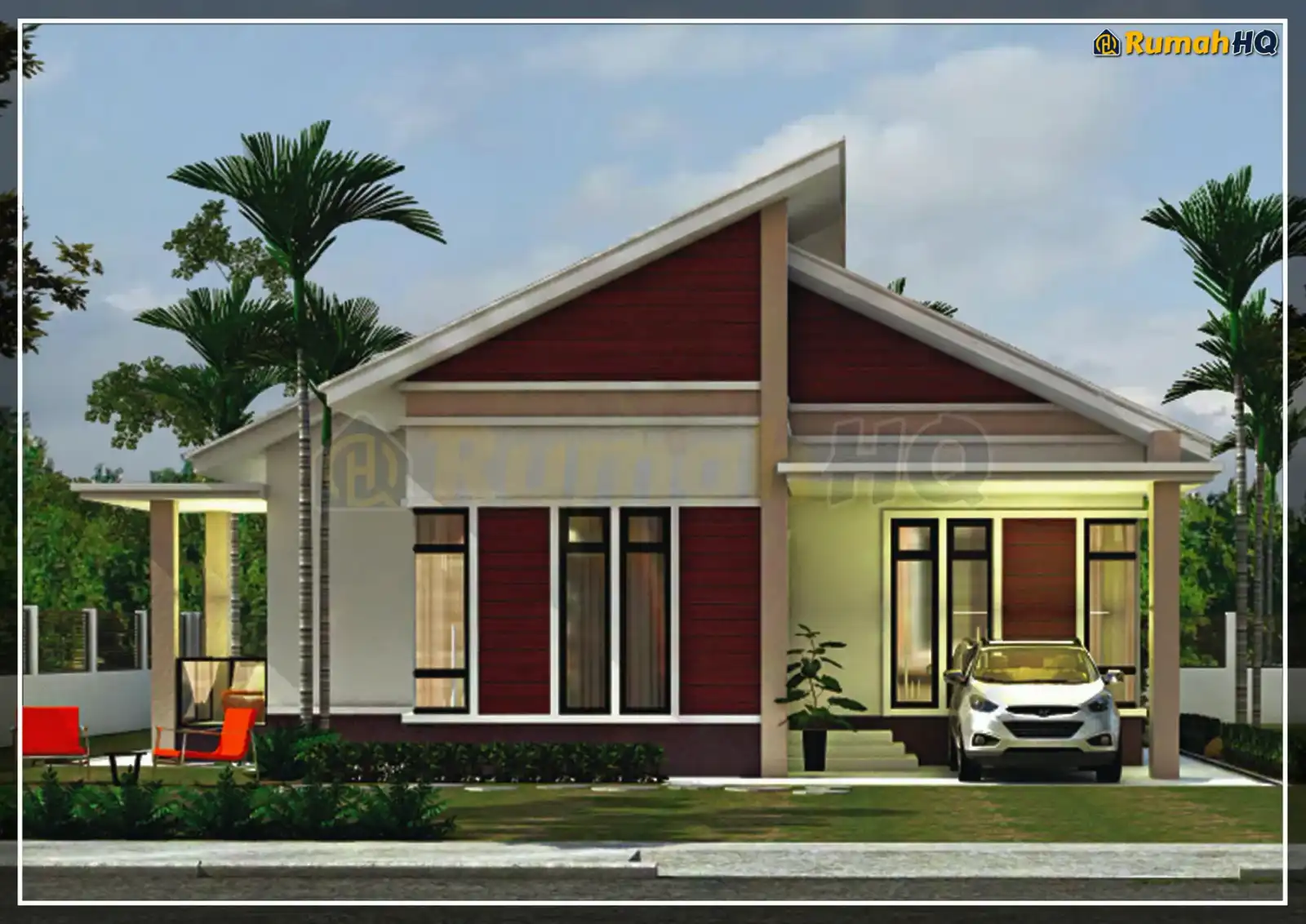 Design rumah RHQ-A4-04, pandangan 3D bahagian depan — Banglo 1 Tingkat · 4 Bilik · 3 Bilik Air