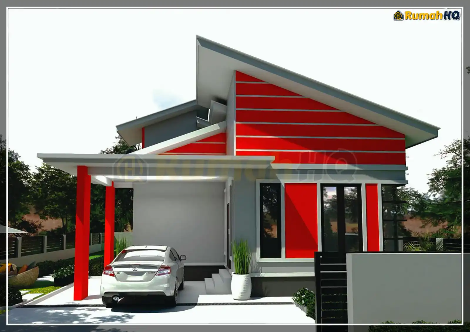 Design rumah RHQ-A4-09, pandangan 3D bahagian depan — Banglo 1 Tingkat · 5 Bilik · 4 Bilik Air