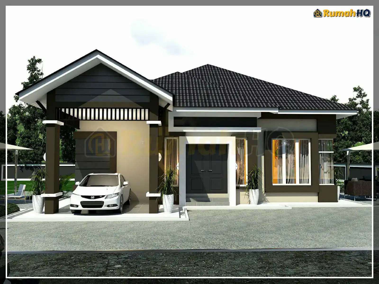 Design rumah RHQ-A4-10, pandangan 3D bahagian depan — Banglo 1 Tingkat · 4 Bilik · 3 Bilik Air