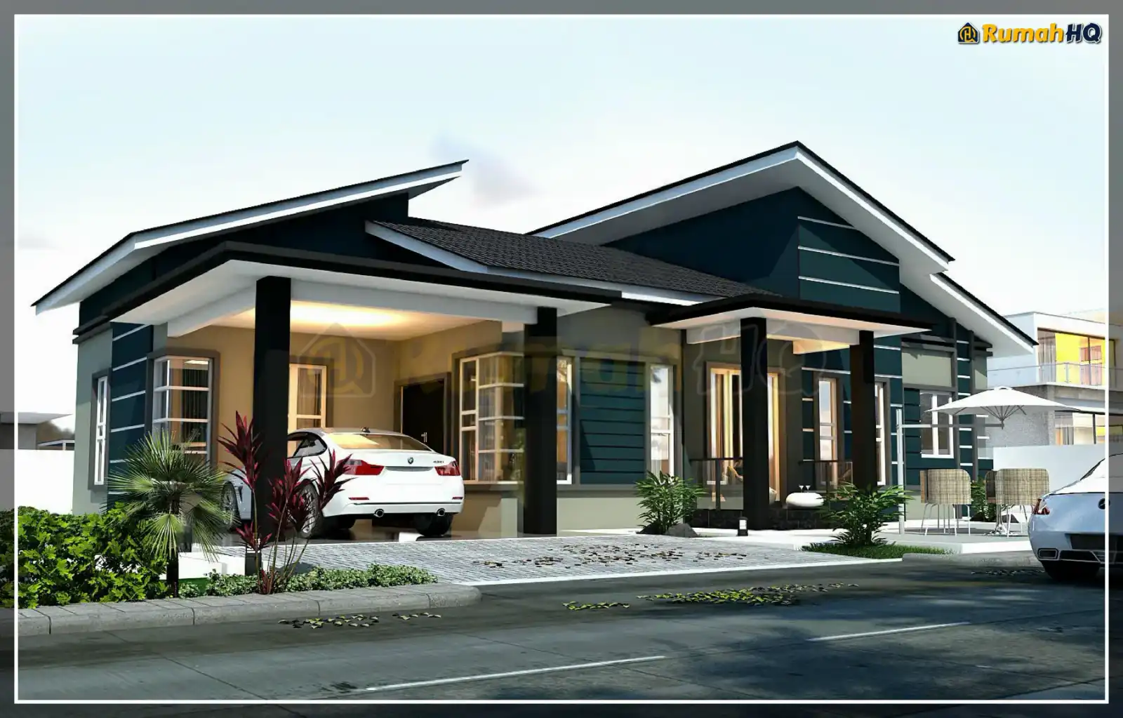Design rumah RHQ-A5-05, pandangan 3D bahagian depan — Banglo 1 Tingkat · 4 Bilik · 3 Bilik Air