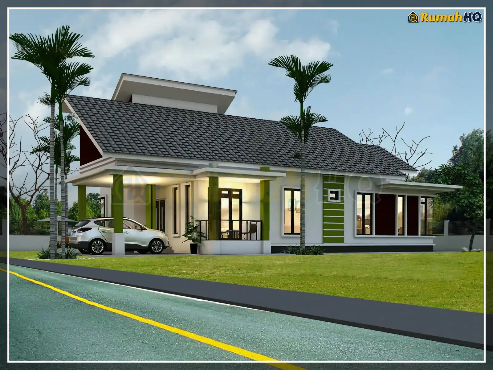 Design rumah RHQ-A5-06, pandangan 3D bahagian depan — Banglo 1 Tingkat · 4 Bilik · 3 Bilik Air