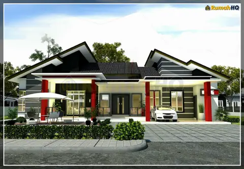 Pandangan 3D 1 daripada 5, rumah RHQ-A5-07 — Banglo 1 Tingkat · 4 Bilik · 3 Bilik Air