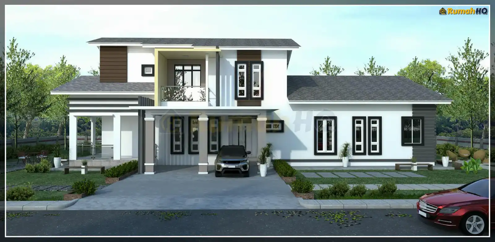Design rumah RHQ-D1-01, pandangan 3D bahagian depan — Banglo 2 Tingkat · 4 Bilik · 3 Bilik Air