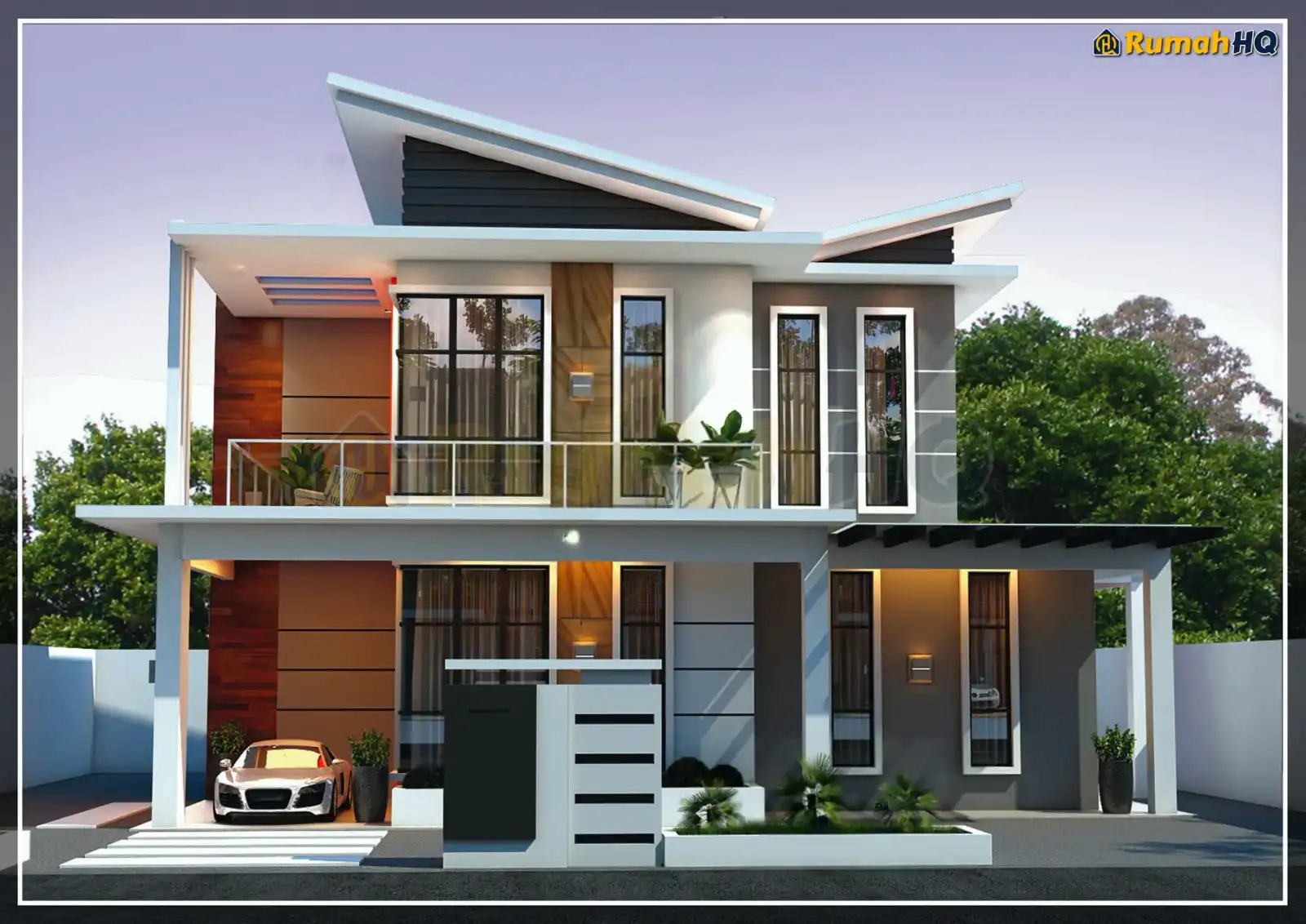 Design rumah RHQ-D1-02, pandangan 3D bahagian depan — Banglo 2 Tingkat · 4 Bilik · 4 Bilik Air