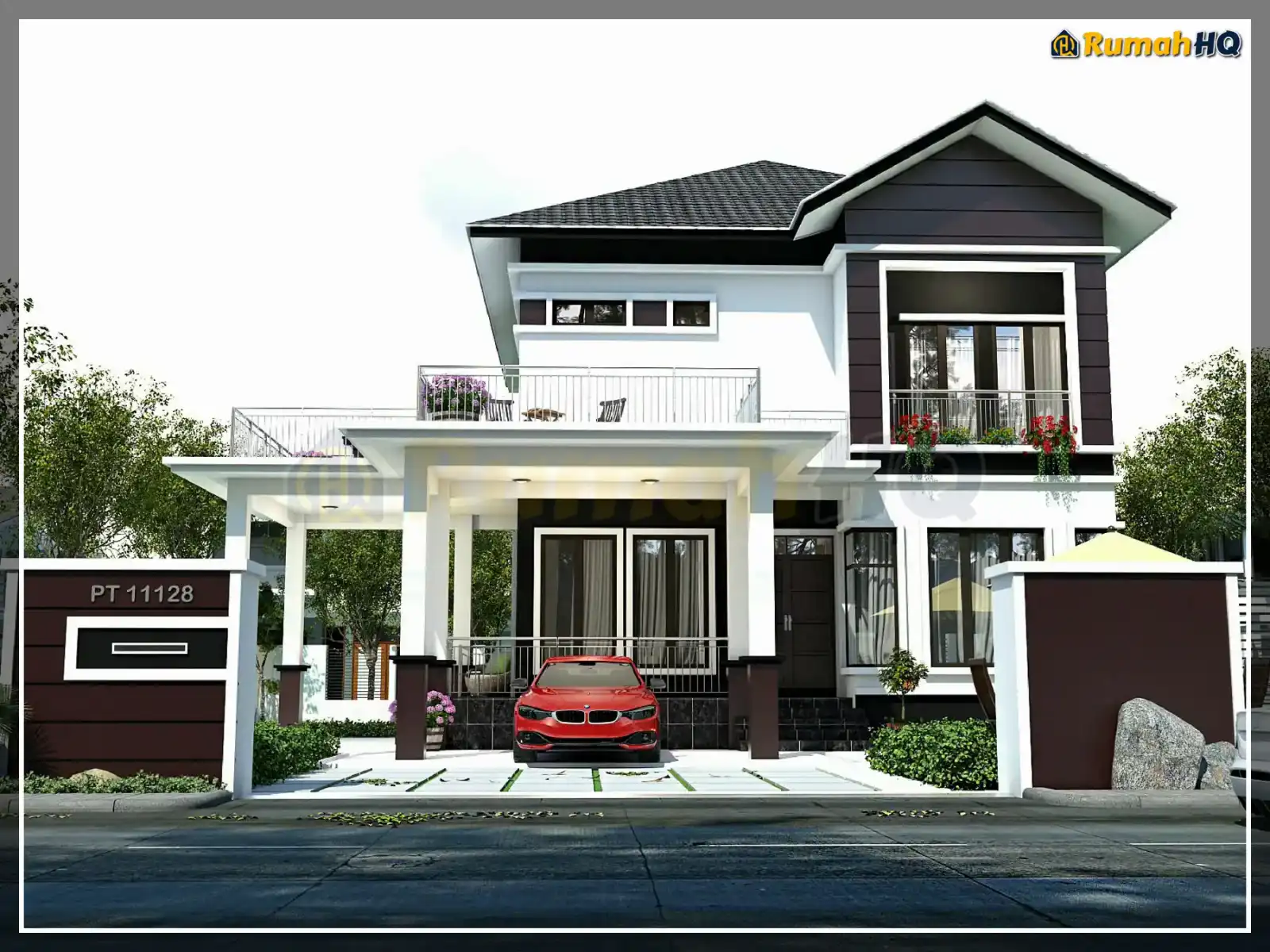 Design rumah RHQ-D1-06, pandangan 3D bahagian depan — Banglo 2 Tingkat · 5 Bilik · 5 Bilik Air