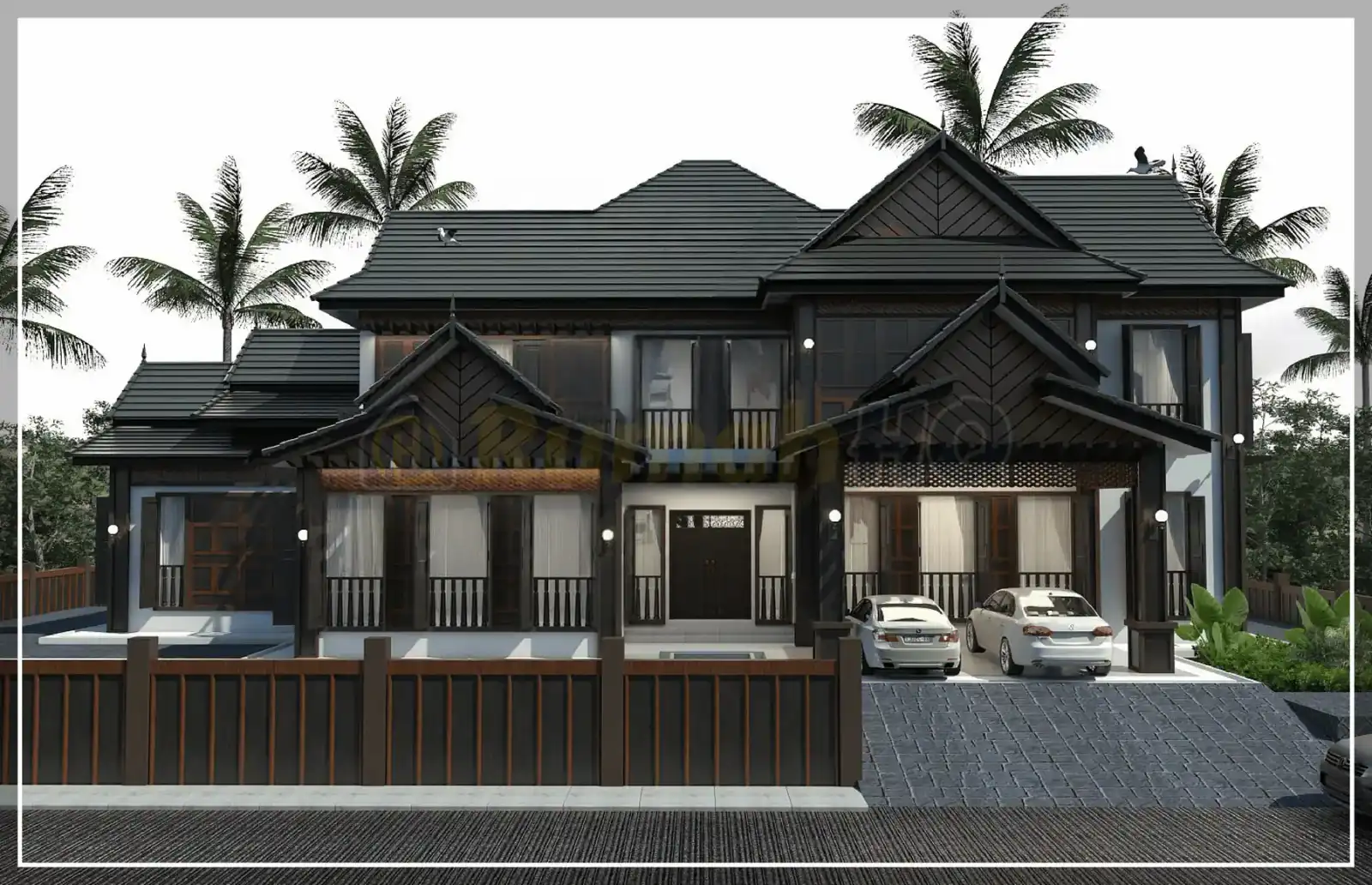 Design rumah RHQ-D1-10, pandangan 3D bahagian depan — Banglo 2 Tingkat · 7 Bilik · 8 Bilik Air
