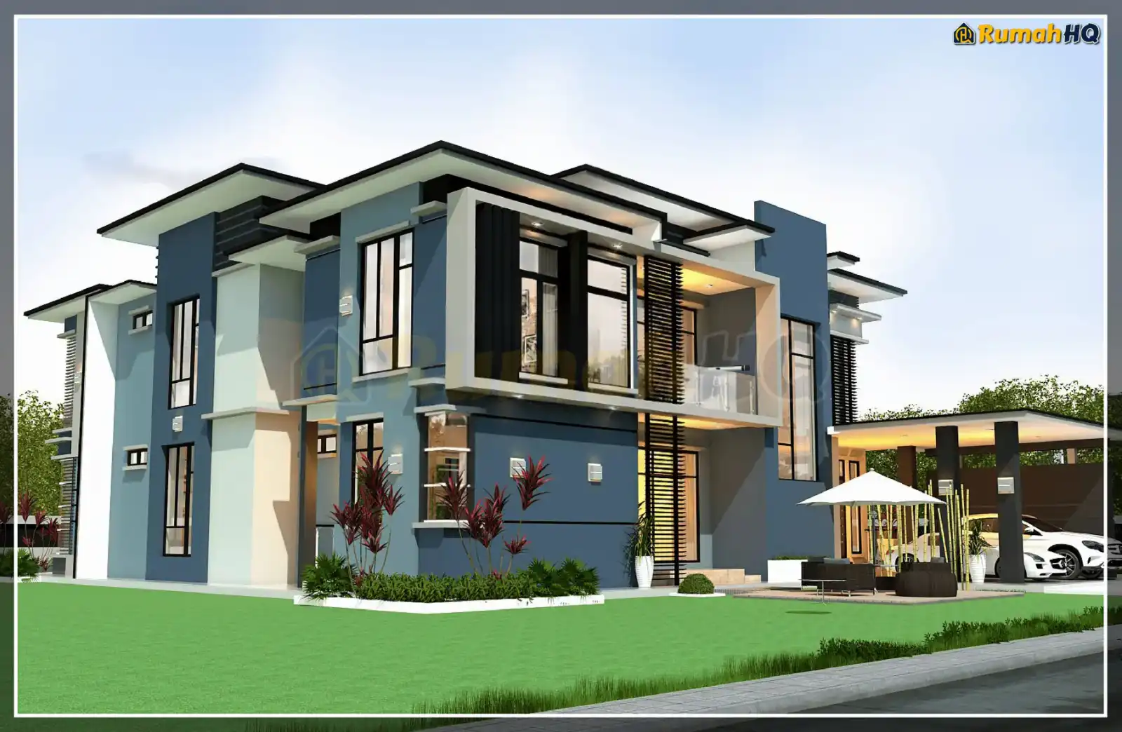 Design rumah RHQ-D1-11, pandangan 3D bahagian depan — Banglo 2 Tingkat · 6 Bilik · 5 Bilik Air