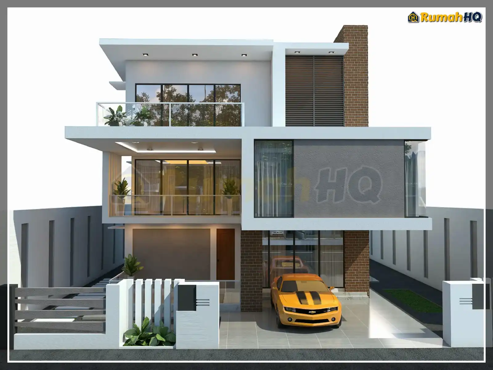 Design rumah RHQ-D1-12, pandangan 3D bahagian depan — Banglo 2 Tingkat · 5 Bilik · 7 Bilik Air