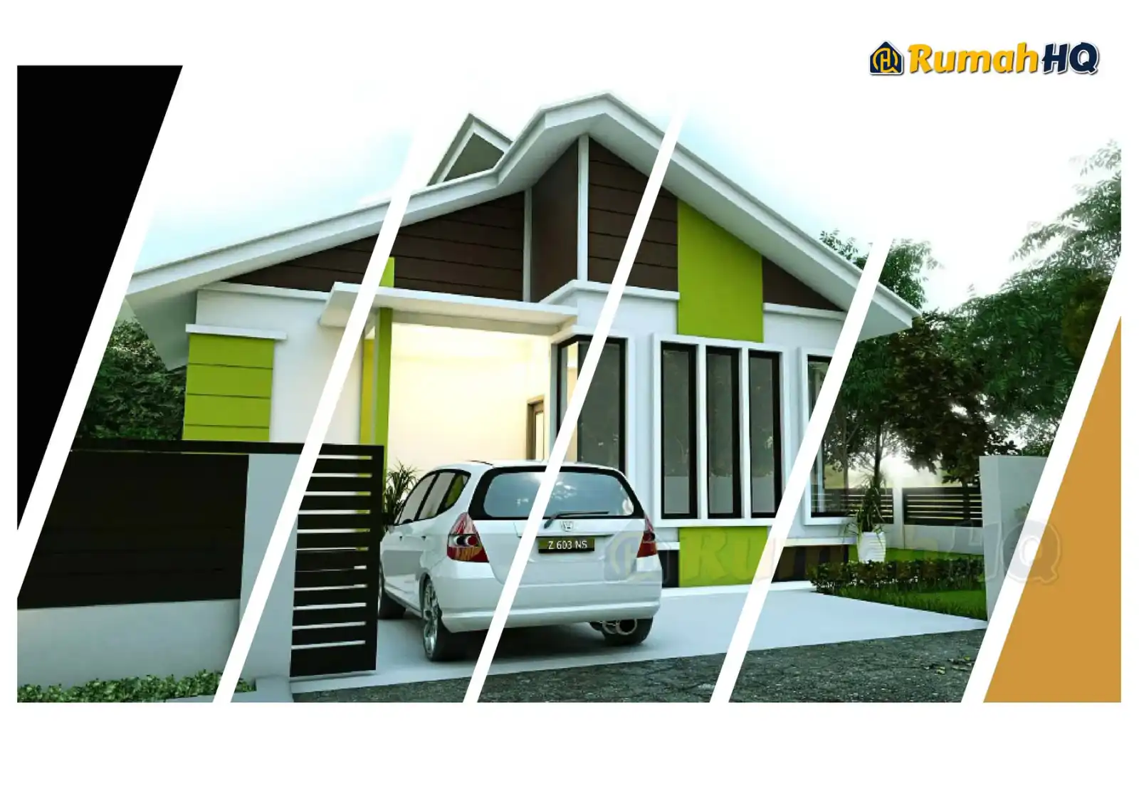 Design rumah RHQ-E1-01, pandangan 3D bahagian depan — Banglo 1 Tingkat · 3 Bilik · 3 Bilik Air
