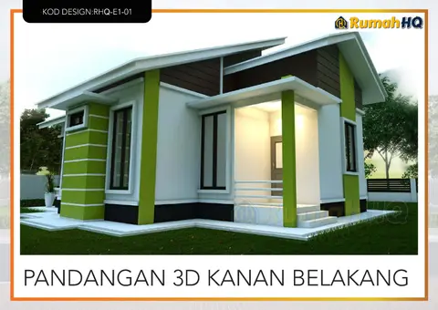 Pandangan 3D 5 daripada 5, rumah RHQ-E1-01 — Banglo 1 Tingkat · 3 Bilik · 3 Bilik Air