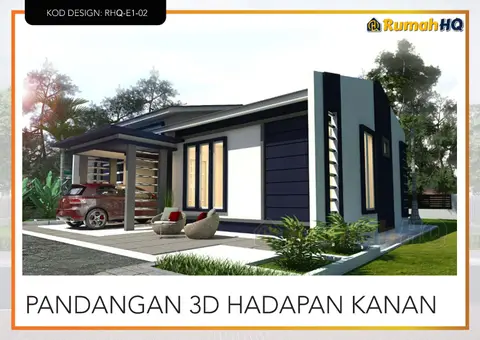 Pandangan 3D 3 daripada 5, rumah RHQ-E1-02 — Banglo 1 Tingkat · 3 Bilik · 2 Bilik Air