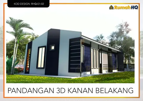 Pandangan 3D 4 daripada 5, rumah RHQ-E1-02 — Banglo 1 Tingkat · 3 Bilik · 2 Bilik Air