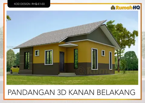 Pandangan 3D 4 daripada 5, rumah RHQ-E1-03 — Banglo 1 Tingkat · 3 Bilik · 2 Bilik Air