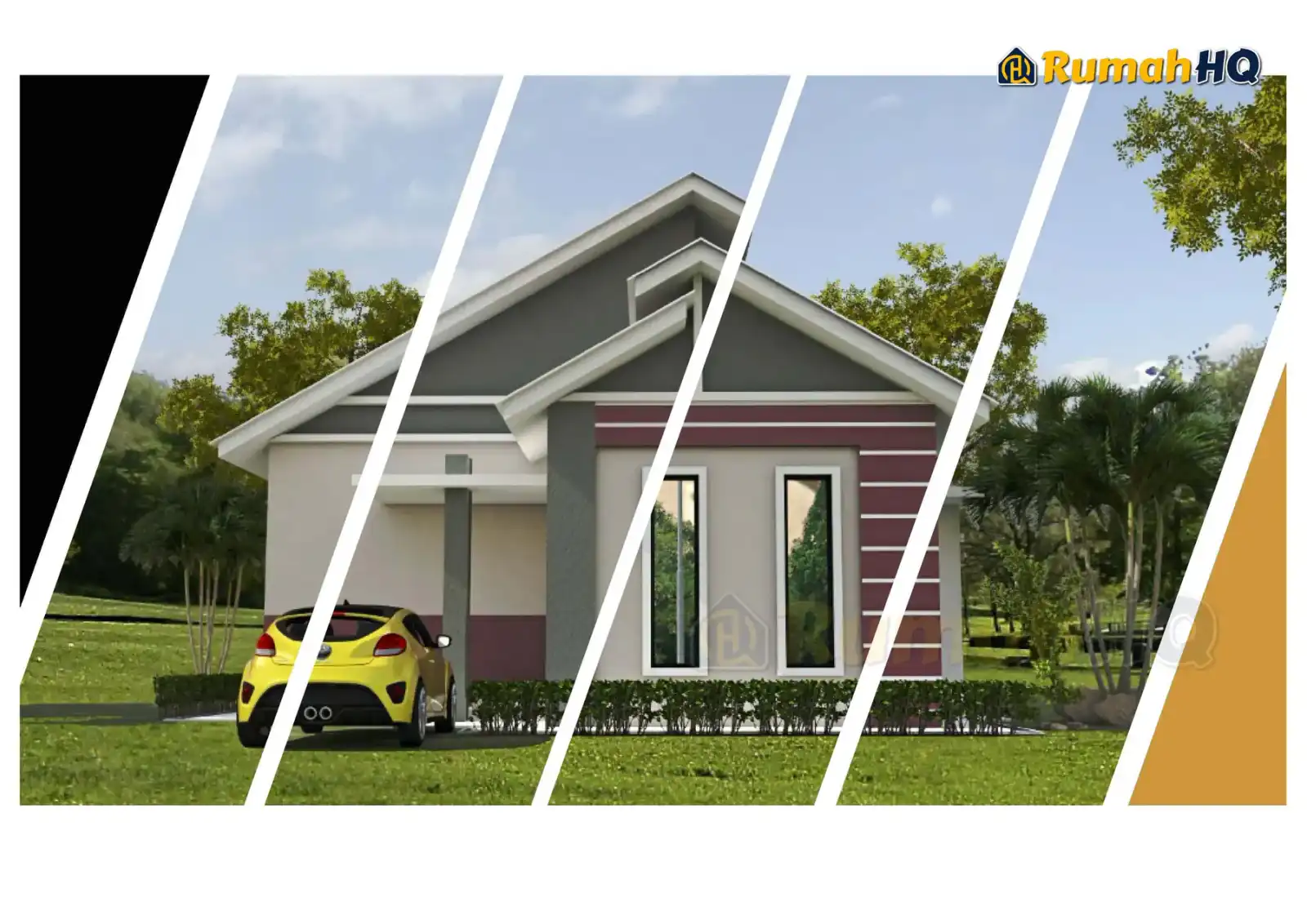 Design rumah RHQ-E1-05, pandangan 3D bahagian depan — Banglo 1 Tingkat · 3 Bilik · 2 Bilik Air