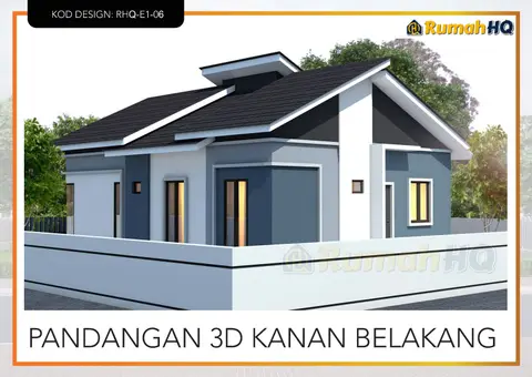 Pandangan 3D 4 daripada 5, rumah RHQ-E1-06 — Banglo 1 Tingkat · 3 Bilik · 2 Bilik Air