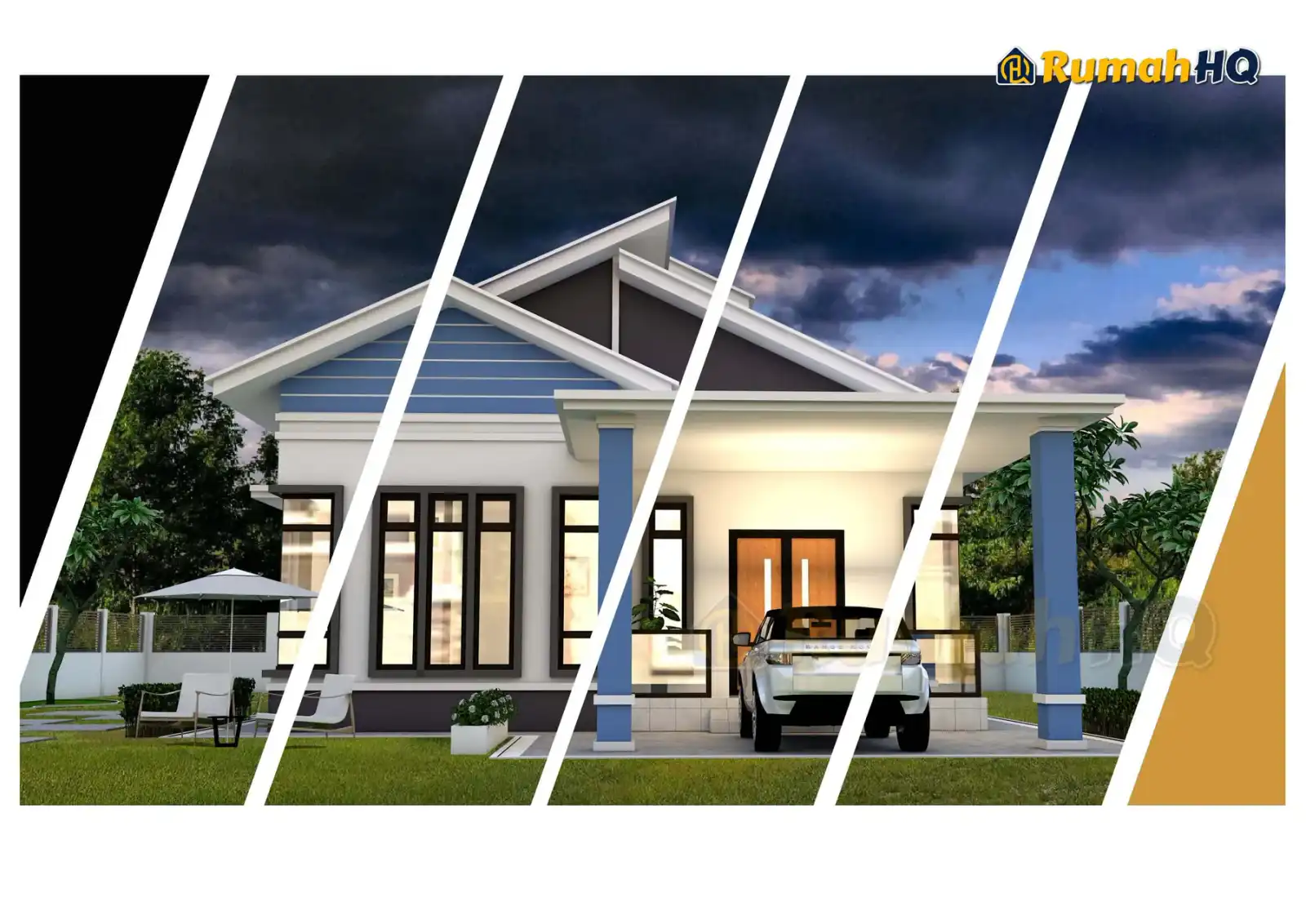 Design rumah RHQ-E1-09, pandangan 3D bahagian depan — Banglo 1 Tingkat · 4 Bilik · 3 Bilik Air
