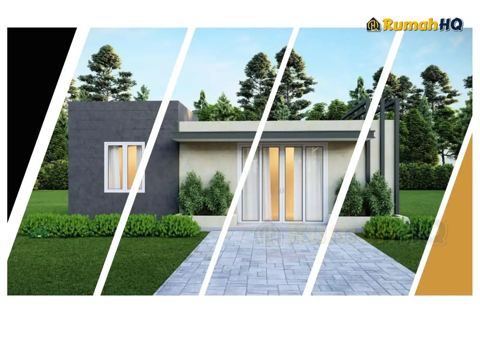 Design rumah RHQ-E2-01, pandangan 3D bahagian depan — Banglo Mini 1 Tingkat · 1 Bilik · 1 Bilik Air