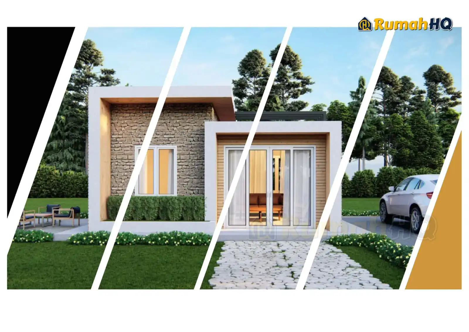 Design rumah RHQ-E2-02, pandangan 3D bahagian depan — Banglo Mini 1 Tingkat · 1 Bilik · 1 Bilik Air