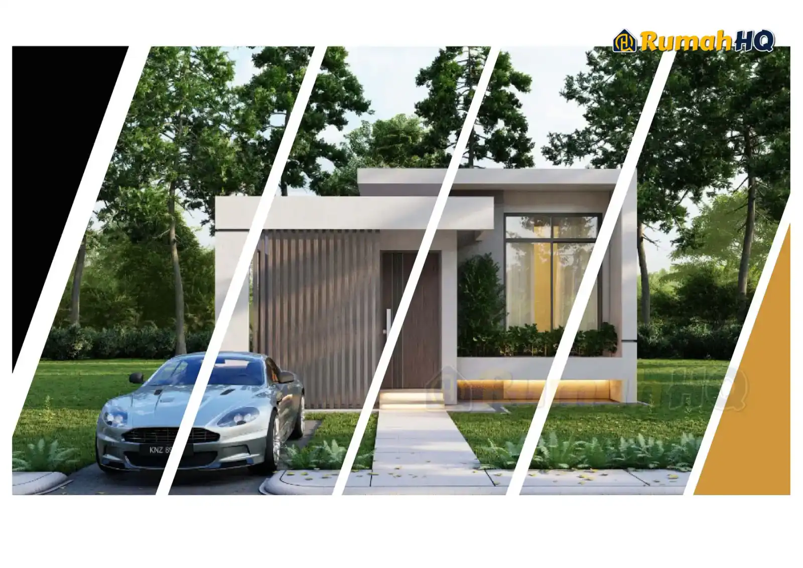 Design rumah RHQ-E2-03, pandangan 3D bahagian depan — Banglo Mini 1 Tingkat · 2 Bilik · 1 Bilik Air