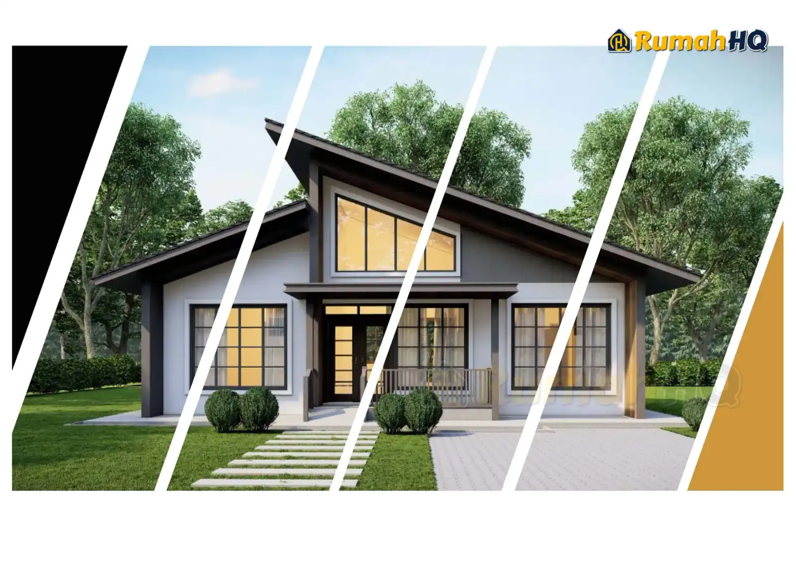 Design rumah RHQ-E2-05, pandangan 3D bahagian depan — Banglo Mini 1 Tingkat · 2 Bilik · 2 Bilik Air