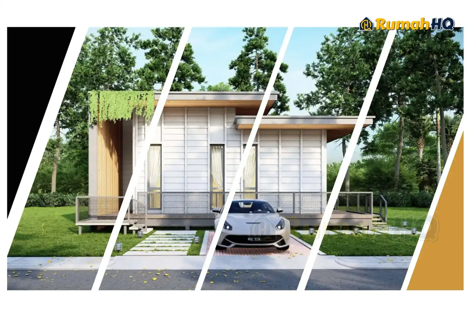 Design rumah RHQ-E2-10, pandangan 3D bahagian depan — Banglo Mini 1 Tingkat · 2 Bilik · 1 Bilik Air