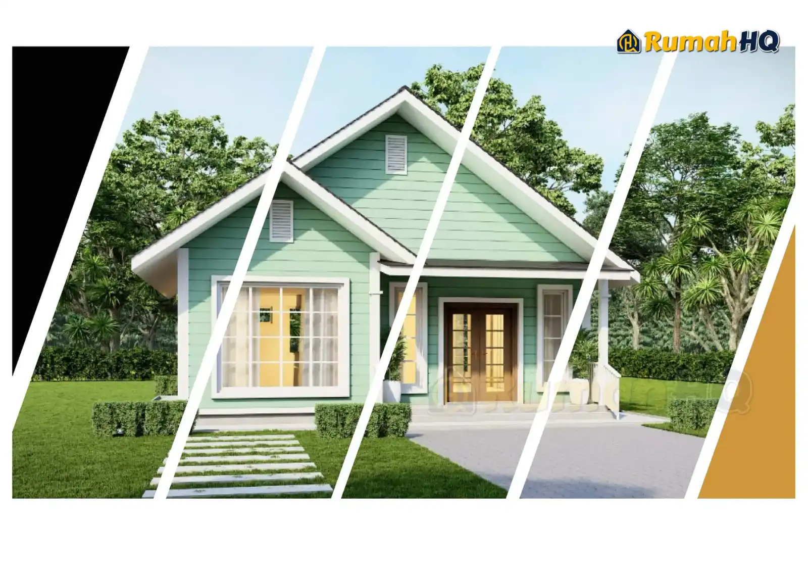 Design rumah RHQ-E3-04, pandangan 3D bahagian depan — Banglo Mini 1 Tingkat · 2 Bilik · 2 Bilik Air