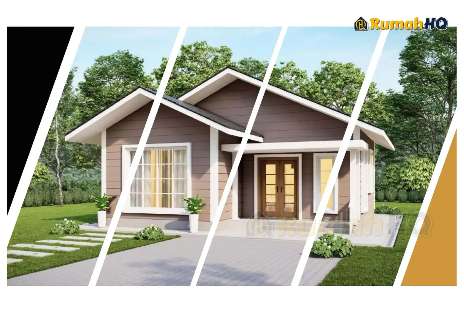 Design rumah RHQ-E3-10, pandangan 3D bahagian depan — Banglo Mini 1 Tingkat · 2 Bilik · 2 Bilik Air