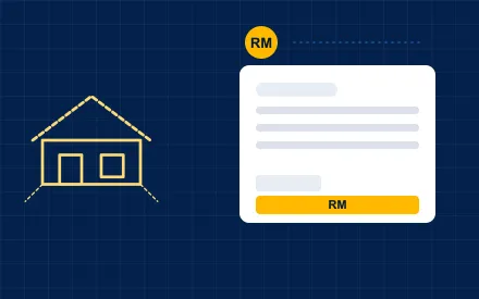 Ilustrasi: pelan rumah di sebelah kad kalkulator dengan bar jumlah emas